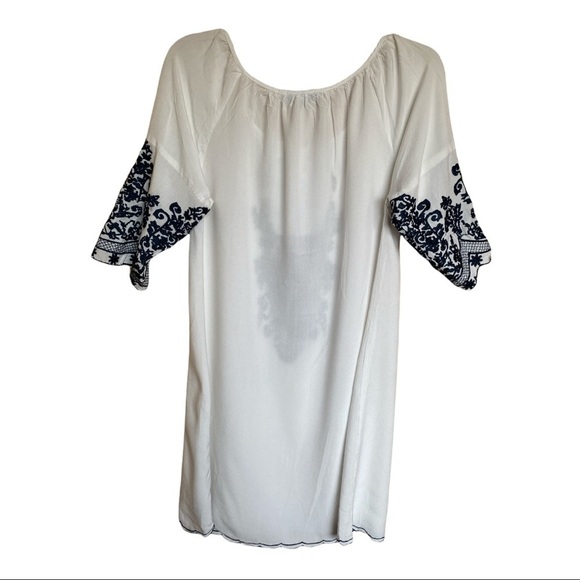 SOLITAIRE SWIM RAGLAN CREW NECK WHITE W. NAVY BLUE EMBROIDERY TUNIC/COVER‎ UP  L - Picture 4 of 9